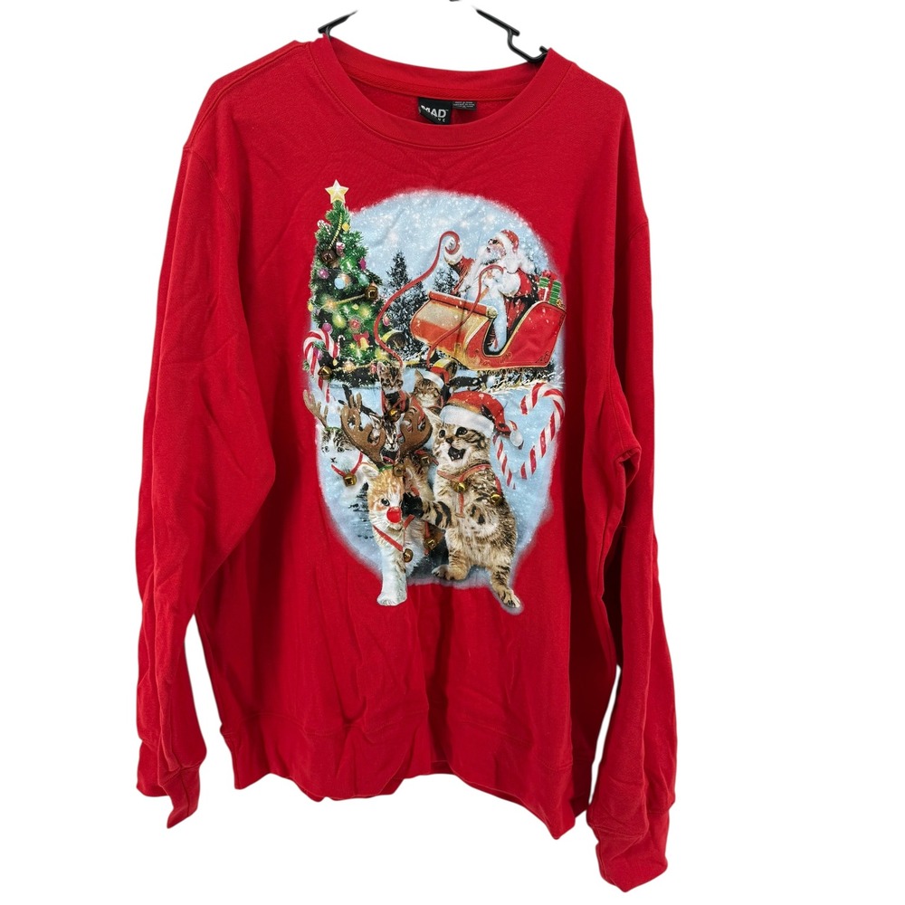 Mad Engine Christmas Cats Santa Sleigh Ugly Sweatshirt Jingle Bells Red‎ XL